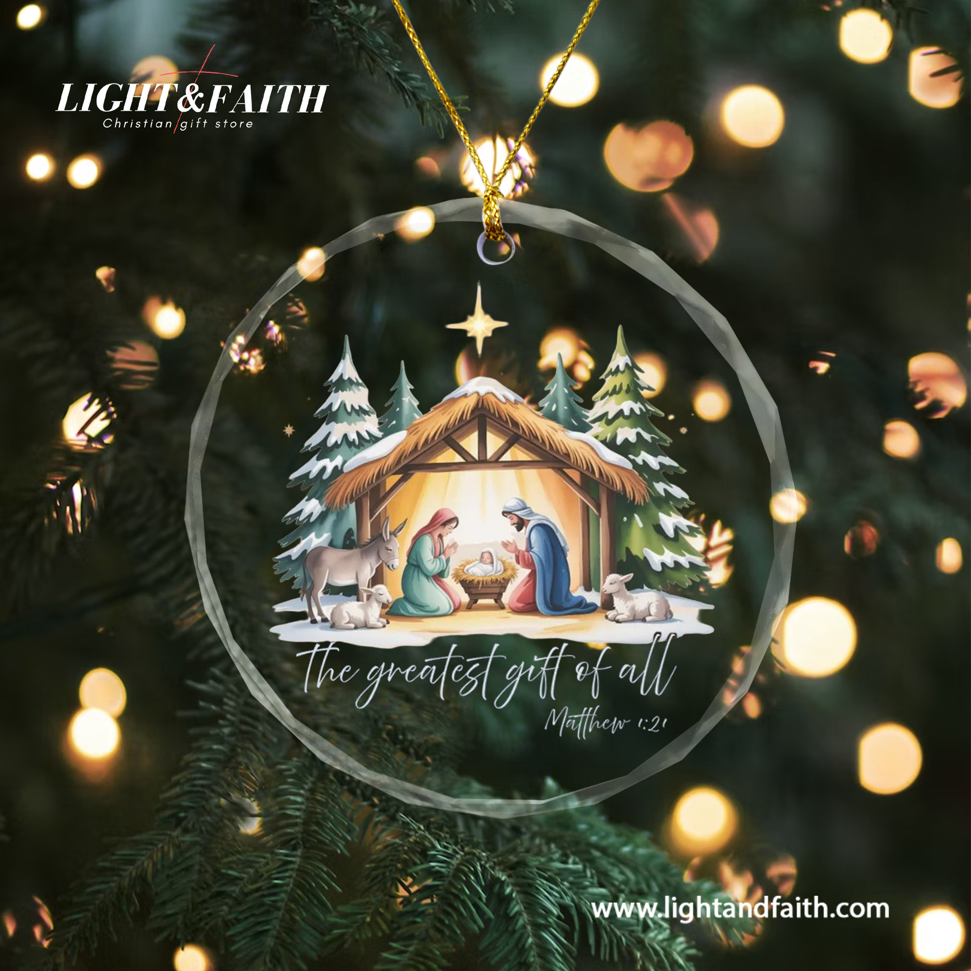 The Greatest Gift of All Heart Ornament, Matthew 1:21 Nativity Scene Ornament, Holy Family Christmas Decor, Christian Faith Gift, Religious Glass Decoration DCLAF59